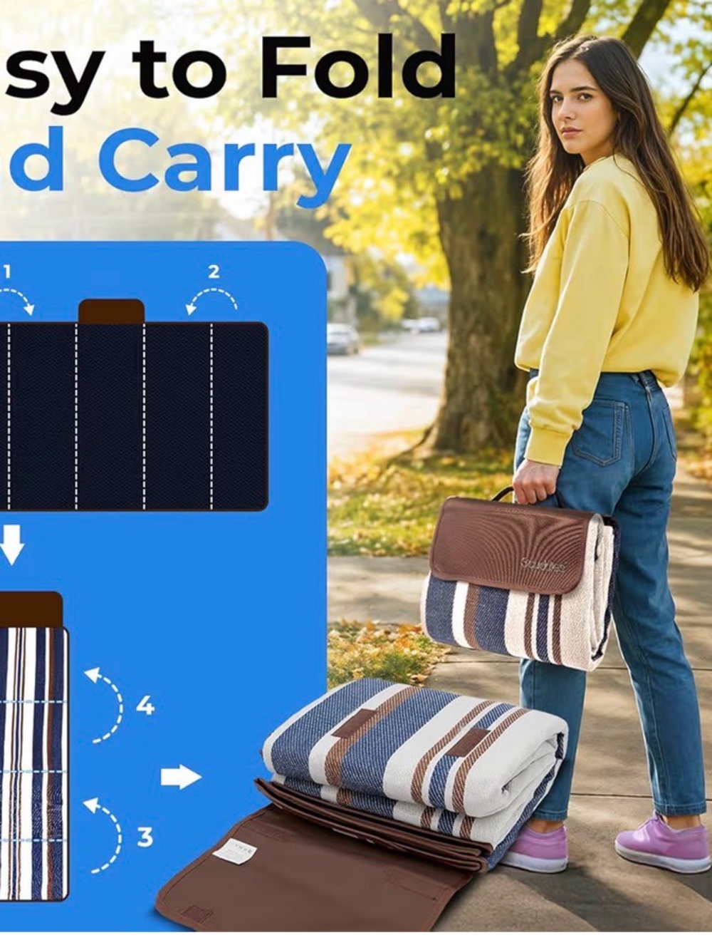 Striped Foldable Picnic Blanket with Brown Faux-Leather Handle